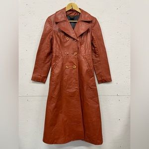 Vintage Saddle Tan Leather Double Breasted Lined Trench Coat, Fits S